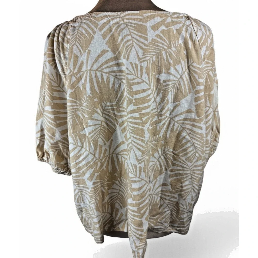 Ann Taylor Loft Womens Sz XL Linen Top Tropical Print Tan Cream Puff Sleeve‎